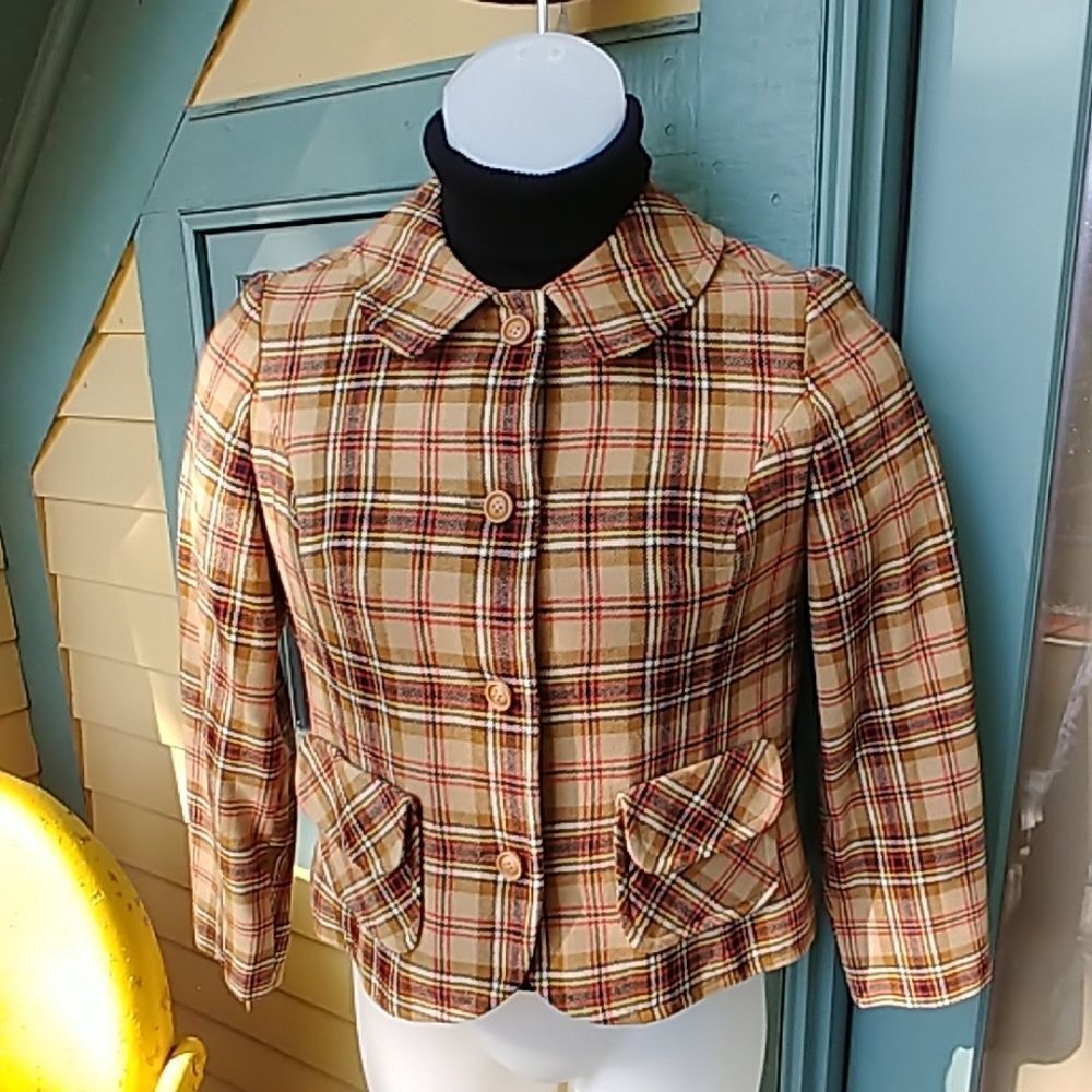 Vtg Pendleton Tan Plaid Jacket w/Peter Pan Collar